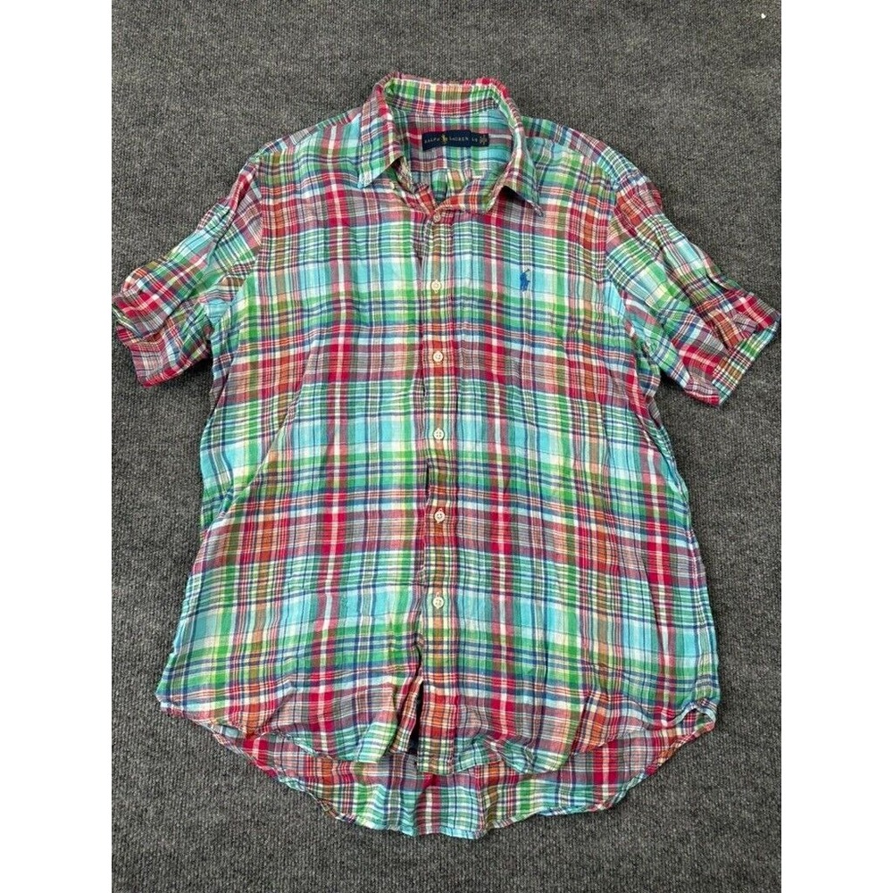Ralph Lauren Shirt Mens Large Button Up Linen Blue‎ Red Green Colorful Plaid